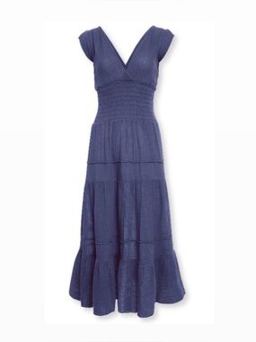 Felicite Women's Navy V-Neck Smocked 100% cotton gauze Maxi Dress size 1 XS S